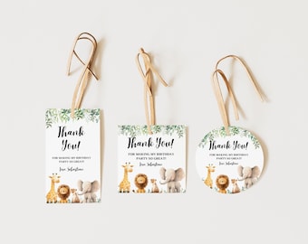 Wild One Birthday Thank You Tags | Safari Party Favor Labels | Jungle Animals Gift Tags | Editable Canva Template | Digital Download