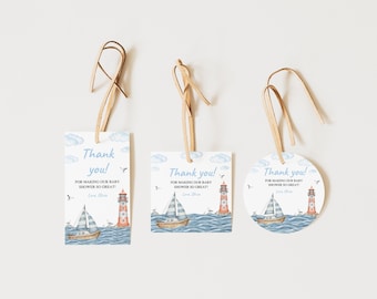 Nautische Babyparty Dankeschön Tags | Ahoi es ist ein Jungen-Segelboot Favor Tags | Bearbeitbare Canva Vorlage | Digitaler Download