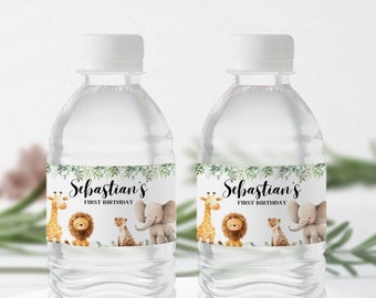 Wild One Birthday Water Bottle Labels | Safari Water Bottle Stickers | Jungle Party Bottle Wraps | Editable Canva Template, Digital Download