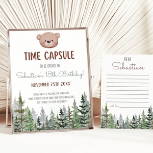 Cápsula del tiempo de la fiesta del bosque, cápsula del tiempo del 1er cumpleaños, libro de visitas personalizado de la fiesta de cumpleaños del oso pardo, tarjeta de deseos de cumpleaños del bosque, BBI