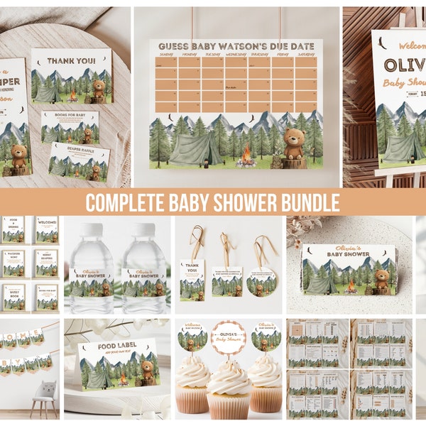 Little Camper Baby Shower Bundle, Adventure Awaits Woodland Baby Shower Decor, Cute Teddy Bear Baby Shower Invitation Bear Theme Baby Shower