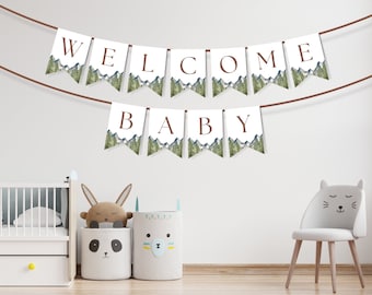 Avontuur wacht op baby shower banner, bosrijke baby shower banner, bosrijke banner, avontuur wacht op banner, baby shower Bunting