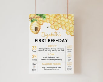 First Bee Day Birthday Milestone Board | Bumble Bee Milestone Poster | Baby Milestone Sign | Editable Canva Template | Digital Download