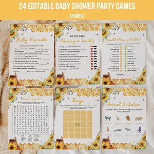 Könnte beinhalten: Ein Set mit 24 druckbaren Babyparty-Spielen mit Bienen- und Sonnenblumen-Motiv. Die Spiele beinhalten Baby-Karaoke, Rate mal wer Mama oder Papa ist, Was würde Mama lieber, Wortsuche, Bingo und Tierträchtigkeit.