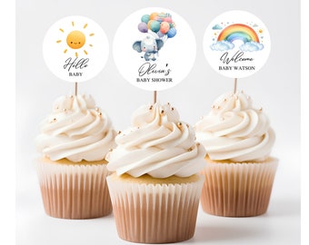 Olifant babyshower cupcake toppers | Kleine pindaballon regenboogdecoraties | Bewerkbare canvassjabloon | Digitale download