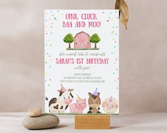 Girl Farm Birthday Invitation: Farm Animals, Pink Barn (Editable in Canva)