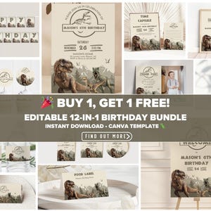Jurassic Birthday Invitation Bundle, Dinosaur Birthday Decorations Party Pack, T-Rex Party (Editable Canva Templates, Digital Download)