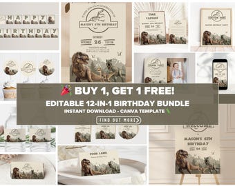 Jurassic Birthday Invitation Bundle, Dinosaur Birthday Decorations Party Pack, T-Rex Party (Editable Canva Templates, Digital Download)