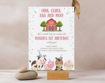 Farm Animals Birthday Invitation: First Birthday Party (Editable Canva Template)