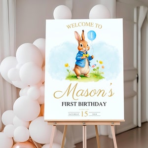 Peter Rabbit Geburtstags-Willkommensschild, Peter Rabbit Party-Geburtstagsposter, Flopsy Bunny Willkommensposter, Hasen-Geburtstags-Willkommenstafel