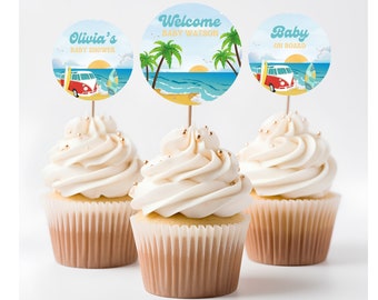 Surf Cupcake Topper, Baby on Board Baby Shower Cupcake Topper, Décoration de gâteau océan Baby Shower, Décoration tropicale pour baby shower