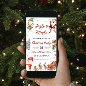 Könnte beinhalten: Eine Weihnachtsfeier-Einladung auf dem Bildschirm eines Smartphones. Die Einladung zeigt ein festliches Design mit Comic-Elfen, Weihnachtsmann, Schneemann und Lebkuchenmann. Der Text lautet "Jingle & Mingle" und "Christmas Party" mit Datum und Uhrzeit der Party.