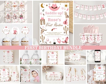 Mi primer paquete de decoración de cumpleaños con temática de rodeo: Decoraciones para fiesta de vaqueras (Descarga digital, plantilla editable de Canva)