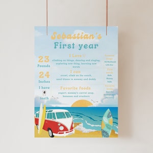 Cartel de hitos de surf: Cartel de fiesta en la playa para el primer cumpleaños (descarga digital)