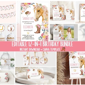Horse Birthday Party Bundle | My First Rodeo Girl Invitation | Pink Cowgirl Party Decor | Floral Pony Birthday Pack Editable Canva Templates