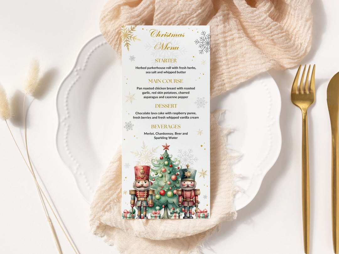 Nutcracker Christmas Dinner Party Menu Template, Christmas Menu