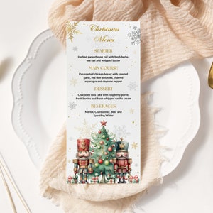Menu de jantar festivo de quebra-nozes, cartão para impressão de feriado, modelo de menu de Natal, cartão de Natal para impressão, decorações de Natal