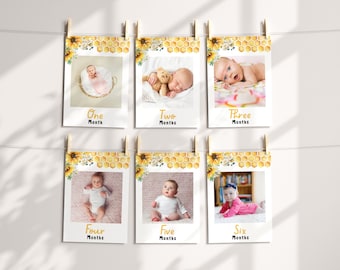 First Bee Day Birthday Milestone Photo Banner | Sunflower Bee Monthly Cards | Editable Canva Template | Digital Download