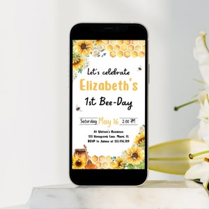 First Bee Day Mobile Invitation, Honey Bee Digital Invitation, Bee Party Evite, Bee Invitation, Sunflower First Birthday, Bee 1st Birthday
