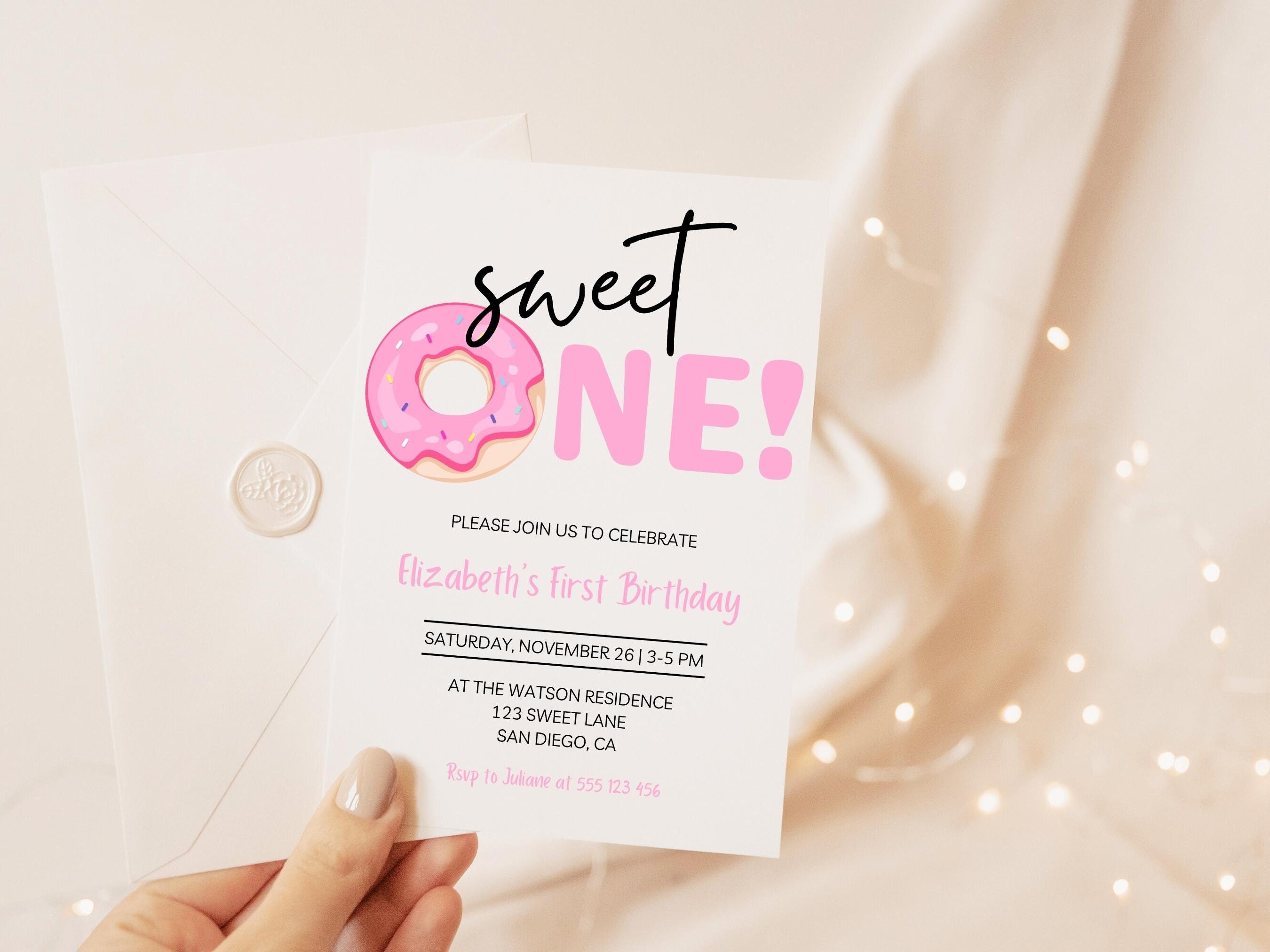 Donut verjaardagsuitnodiging, Sweet One verjaardagsuitnodiging, kleine meisje verjaardagskaart, Donut Party, Donut verjaardagskaart, Sweet One Party