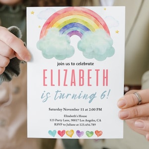 Faire-part d'anniversaire arc-en-ciel, faire-part aquarelle coloré, faire-part d'anniversaire de filles, faire-part de fête arc-en-ciel, faire-part arc-en-ciel pastel