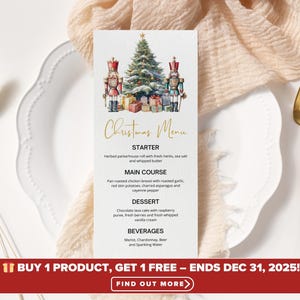 Nutcracker Christmas Party Menu Template: Editable Dinner Decor (Editable Canva Template, Digital Download)