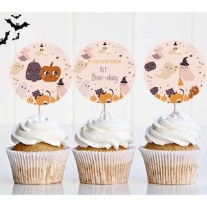 Adornos para cupcakes de Halloween con temática bohemia espeluznante para la primera celebración de calabaza de una niña, decoración de cumpleaños de Halloween bohemia