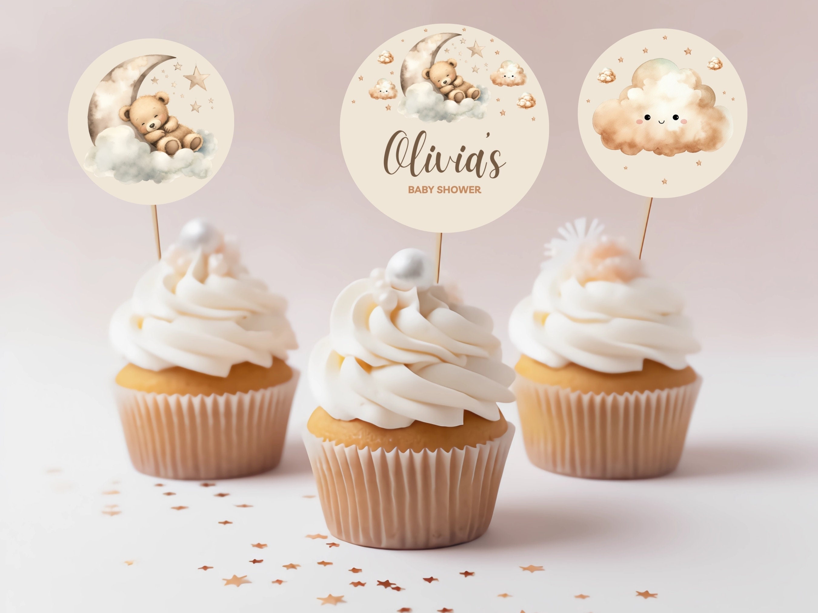 Sleeping Teddy Bear Baby Shower Cupcake Toppers | Over the Moon Beige ...
