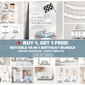 Fast One Birthday Bundle, Retro Race Car First Birthday Party Decorations, Fast One Birthday, Vintage Blue Racing Car, Digital Download, RCI