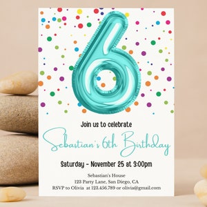 Confetti Birthday Invitation, Rainbow Confetti Invitation, 6th Birthday Invitation, Rainbow Birthday Invitation, 6th Birthday Card