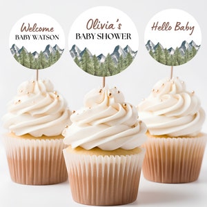 Adventure Awaits Baby Shower Cupcake Toppers: Woodland Mountain Theme (Digital Download)