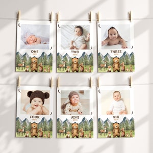 Bannière photo cartes anniversaire bébé Woodland, bannière Woodland, marqueurs jalon Wild One fête d'anniversaire, décoration d'anniversaire Woodland