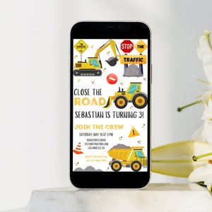 Construction Birthday Party Invitation, Construction Theme Birthday Mobile Invitation, Excavator Digital Invitation, Dump Truck Party