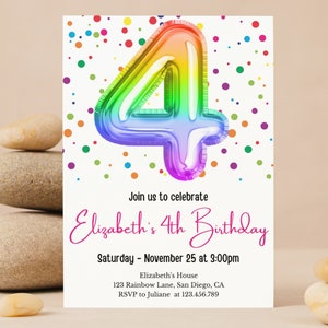 Invito di compleanno con coriandoli, Invito con palloncino arcobaleno, Biglietto per il 4° compleanno, Invito di compleanno arcobaleno, Biglietto di compleanno per bambina