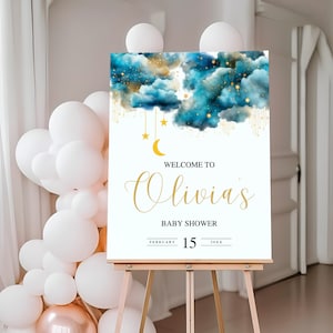 Twinkle Twinkle Little Star Baby Shower Welcome Sign Printable, Over The Moon Baby Shower Sign, Moon And Stars Baby Shower Welcome Board