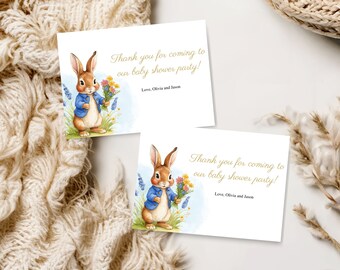Tarjeta de agradecimiento para baby shower de Peter Rabbit / Nota de agradecimiento para baby shower de Flopsy Bunny / Plantilla editable de Canva / Descarga digital