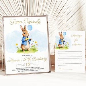 Peter Rabbit Time Capsule Primer cumpleaños, Libro de visitas de cumpleaños de la fiesta de Peter Rabbit, Flopsy Bunny Baby Time Capsule, Tarjeta de deseos de cumpleaños