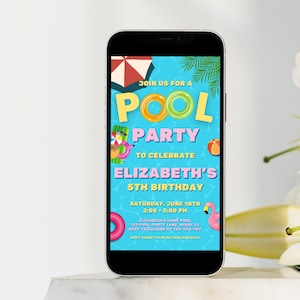 Birthday Pool Party Mobile Invitation, Tropical Birthday Digital Invitation, Pool Party Evite, Summer Birthday Invite, Pool Invitation