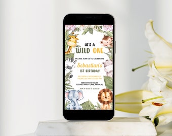 Wild One Safari Birthday Mobile Invitation | Jungle Animals Evite | Editable Canva Template | Digital Download