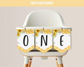 First Bee Day High Chair Banner | Sunflower Bumble Bee One Birthday Banner | Editable Canva Template | Digital Download