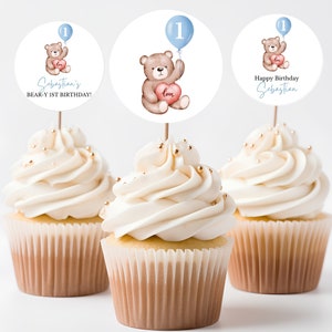 Cute Teddy Bear Happy Birthday Cupcake Toppers, Beary First Birthday Cake Topper, Teddy Bear 1st Birthday Cupcake Toppers One Cake Topper TB