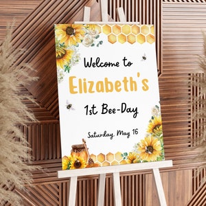 First Bee Day Birthday Welcome Sign, Bumble Bee Birthday Poster, Honey Bee Decor First Birthday Welcome Sign, Bee 1st Birthday Sign