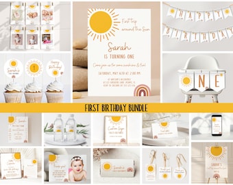 Paquete de cumpleaños "Primer viaje alrededor del sol": Decoraciones e invitación para niña de 1er cumpleaños con temática de sol / Arcoíris bohemio / Plantillas editables de Canva