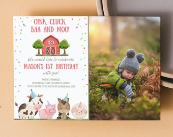 Farm Animals 1st Birthday Invitation: Editable Template (7x5 inches)