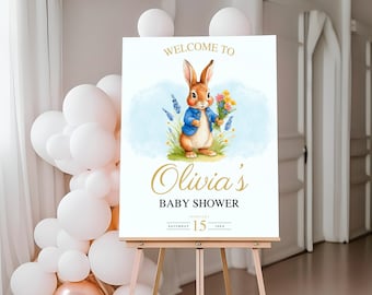 Peter Rabbit Baby Shower Welcome Sign | Flopsy Bunny Spring Board | Editable Canva Template | Digital Download
