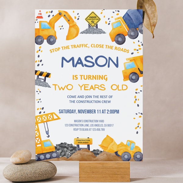 Construction Birthday Party Invitation, Construction Theme Birthday Party, Excavator Party, First Birthday Boy Theme, Dump Truck Invite