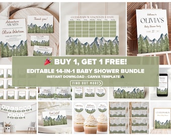 Adventure Awaits Baby Shower Bundle: Woodland Baby Shower Editable Canva Templates (Digital Download)