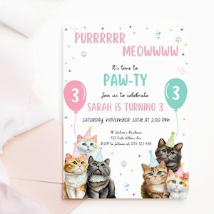 Katzen-Geburtstags-Party Einladung, Kätzchen-Einladung, Katze unter dem Motto Geburtstag, Kätzchen-Geburtstagsfeier, kleine Mädchen-Geburtstagskarte, 3.Geburtstagskarte