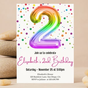 Konfetti-Geburtstags-Einladung, Regenbogen-Ballon-Einladung, Regenbogen-Geburtstags-Einladung, kleine Mädchen-Geburtstagskarte, buntes Aquarell laden ein