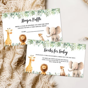 Carte de tombola de couches pour baby shower Safari, carte de baby shower, livres sur le thème de la jungle pour baby shower, billet de tombola de couches pour baby shower, décorations de baby shower